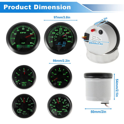 6 Gauge Set GPS Speedometer Tacho Fuel Temp Oil Volt for Marine Boat Car