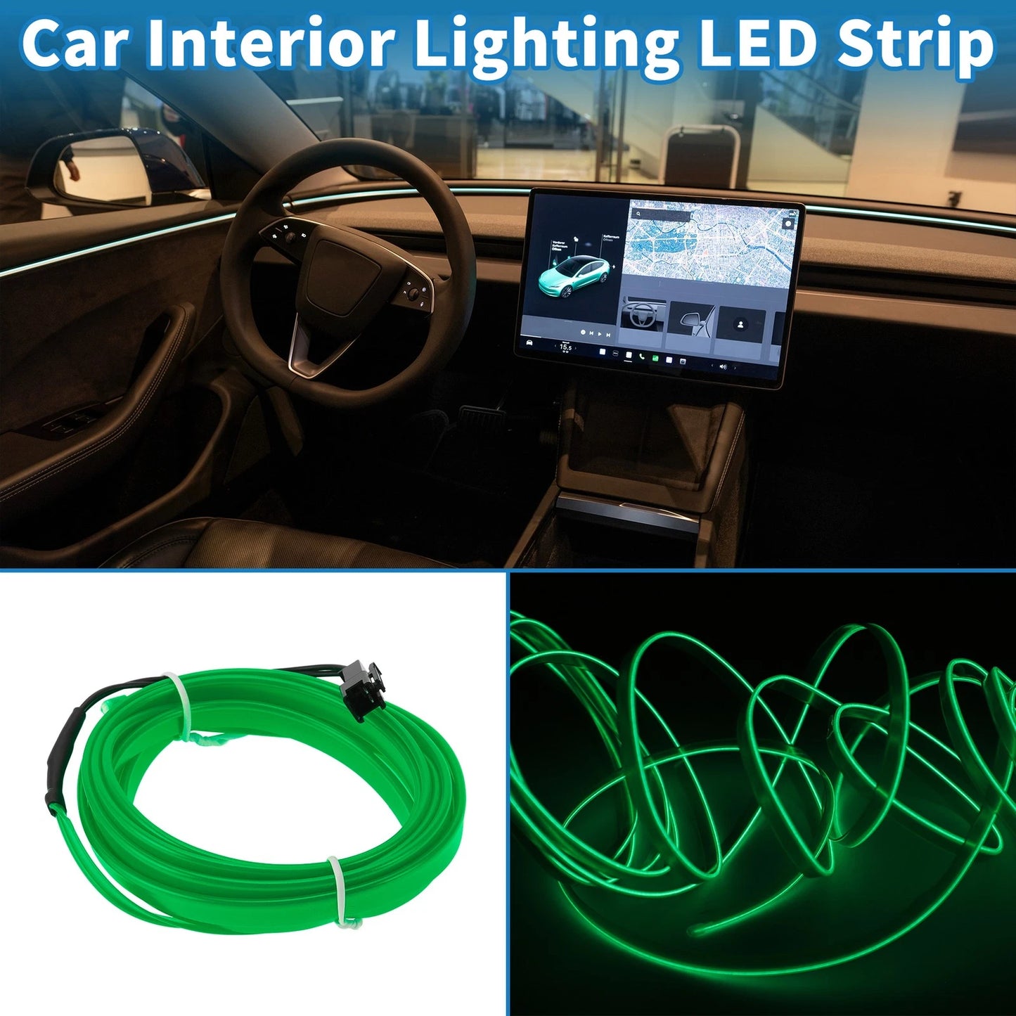 2m LED Neon Wire Car Decoration Lighting for Universal Use (12V) Green