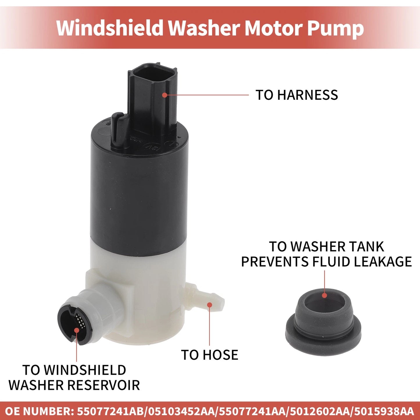 Windshield Washer Pump with Grommet for Dodge Neon (1995–2005) No. 55077241AB