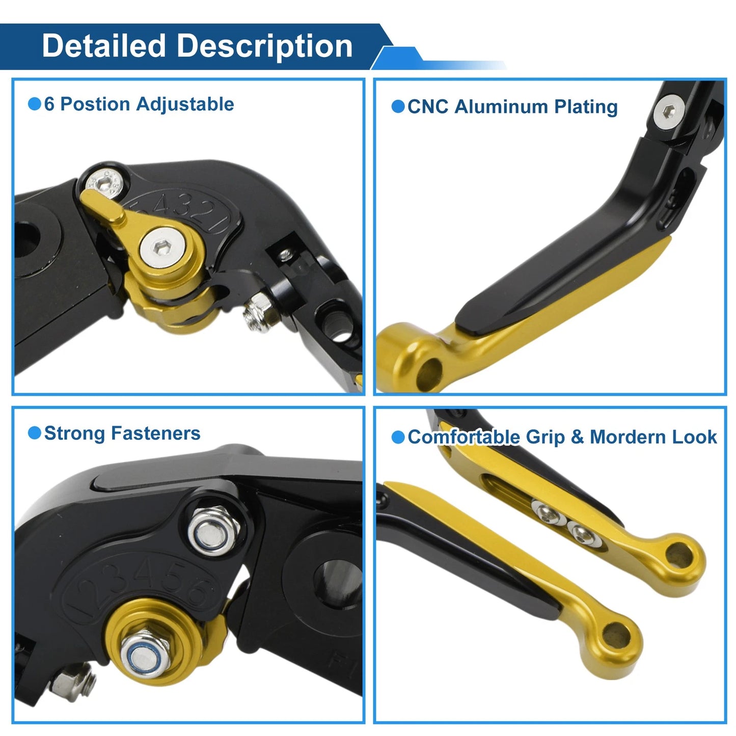 Short Long Brake Clutch Levers for Kawasaki ZX7R/ZX7RR (1996–2003) Black Gold Tone