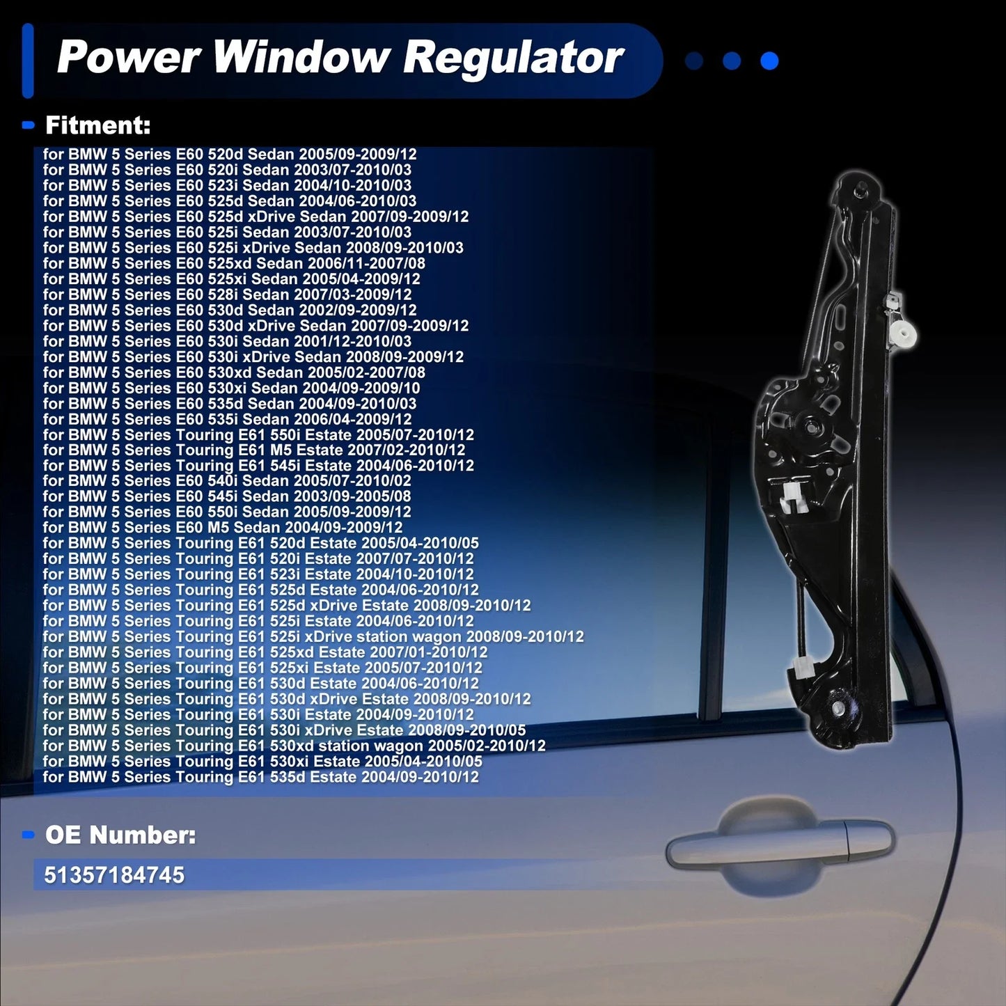 Rear Left Power Window Regulator for BMW 5 Series E60 (2003 - 2010)