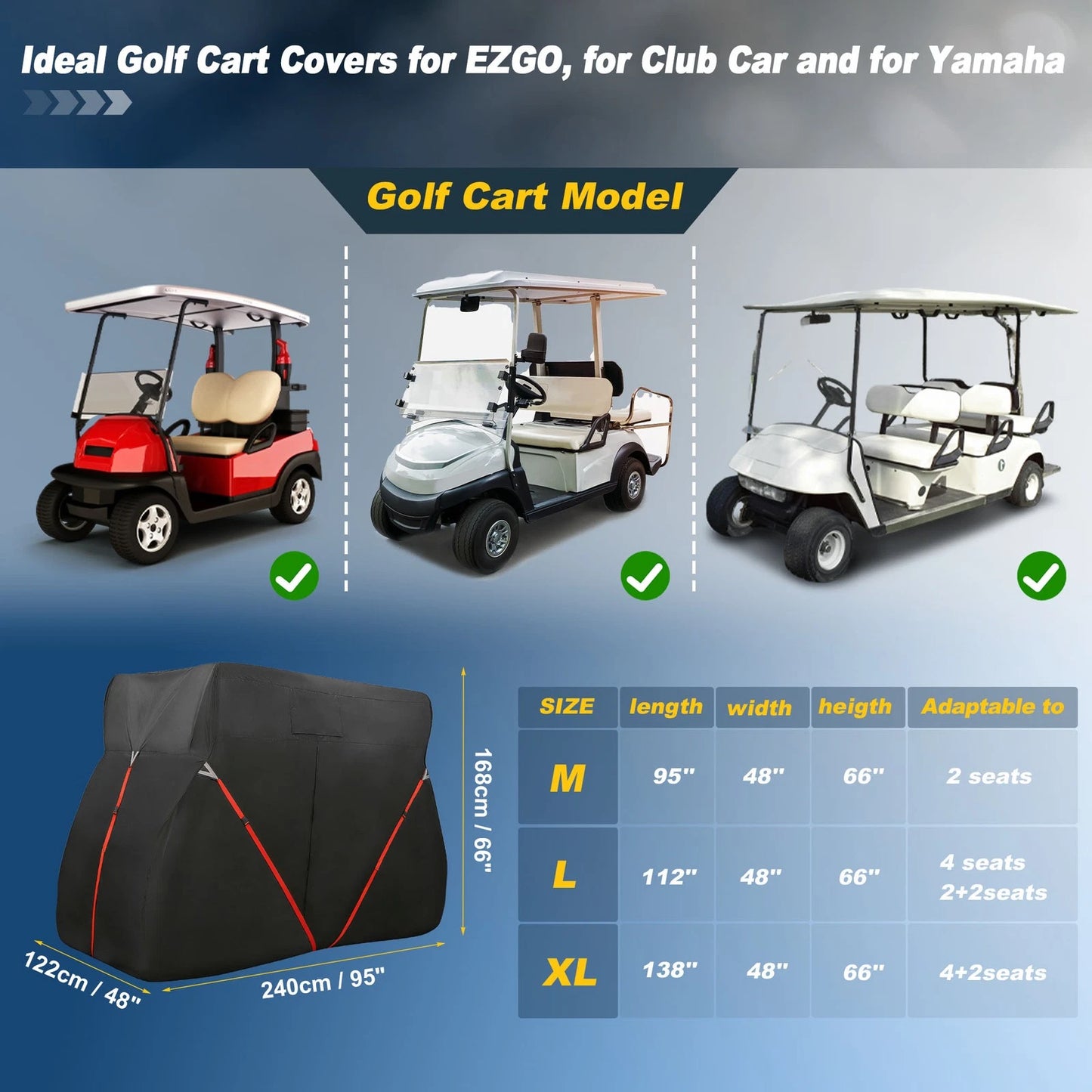 Heavy Oxford Waterproof Golf Cart Cover for EZGO, Club Car, Yamaha (2 Seats)