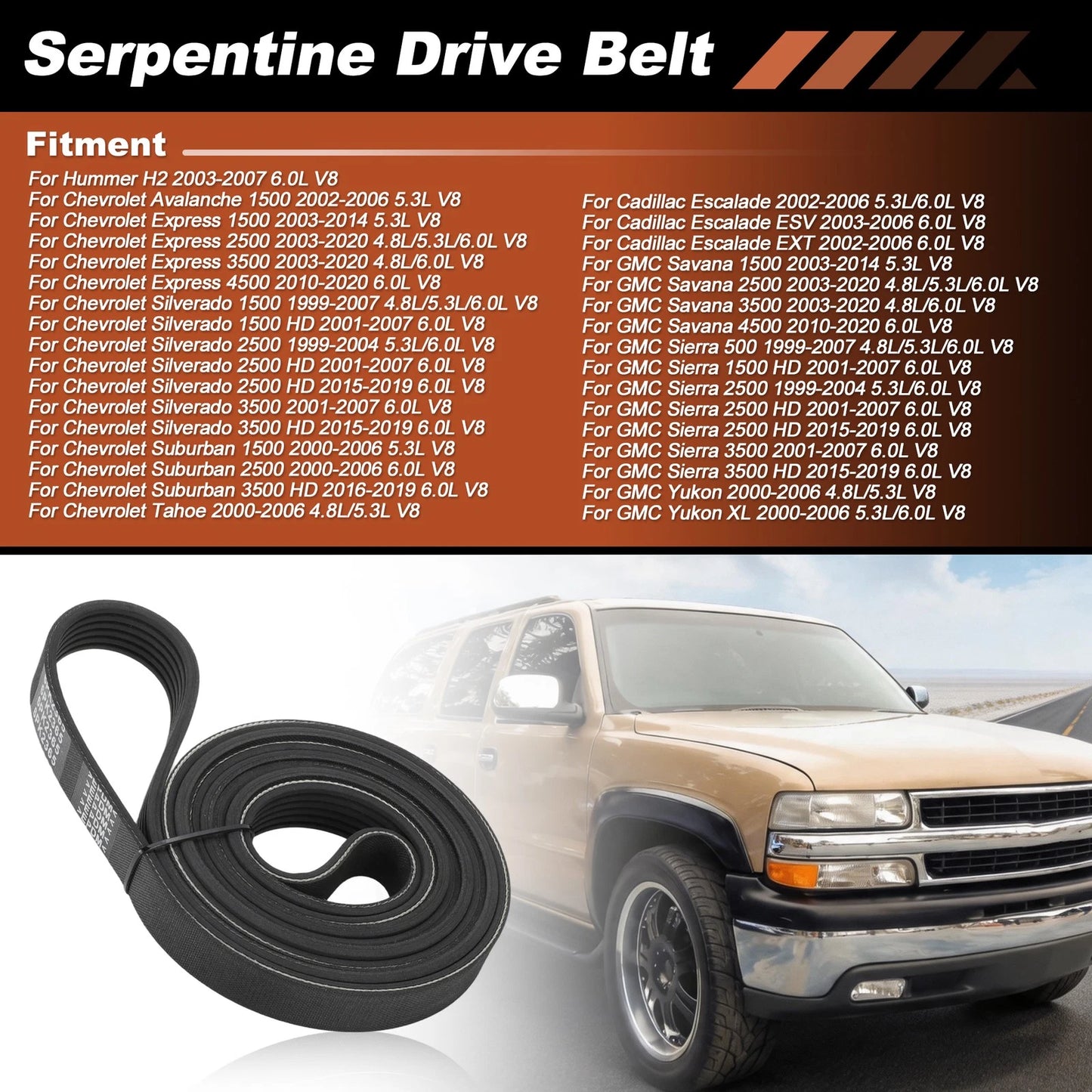 Serpentine Belt 6PK2365 for Chevy Silverado, Suburban, GMC Sierra, Yukon