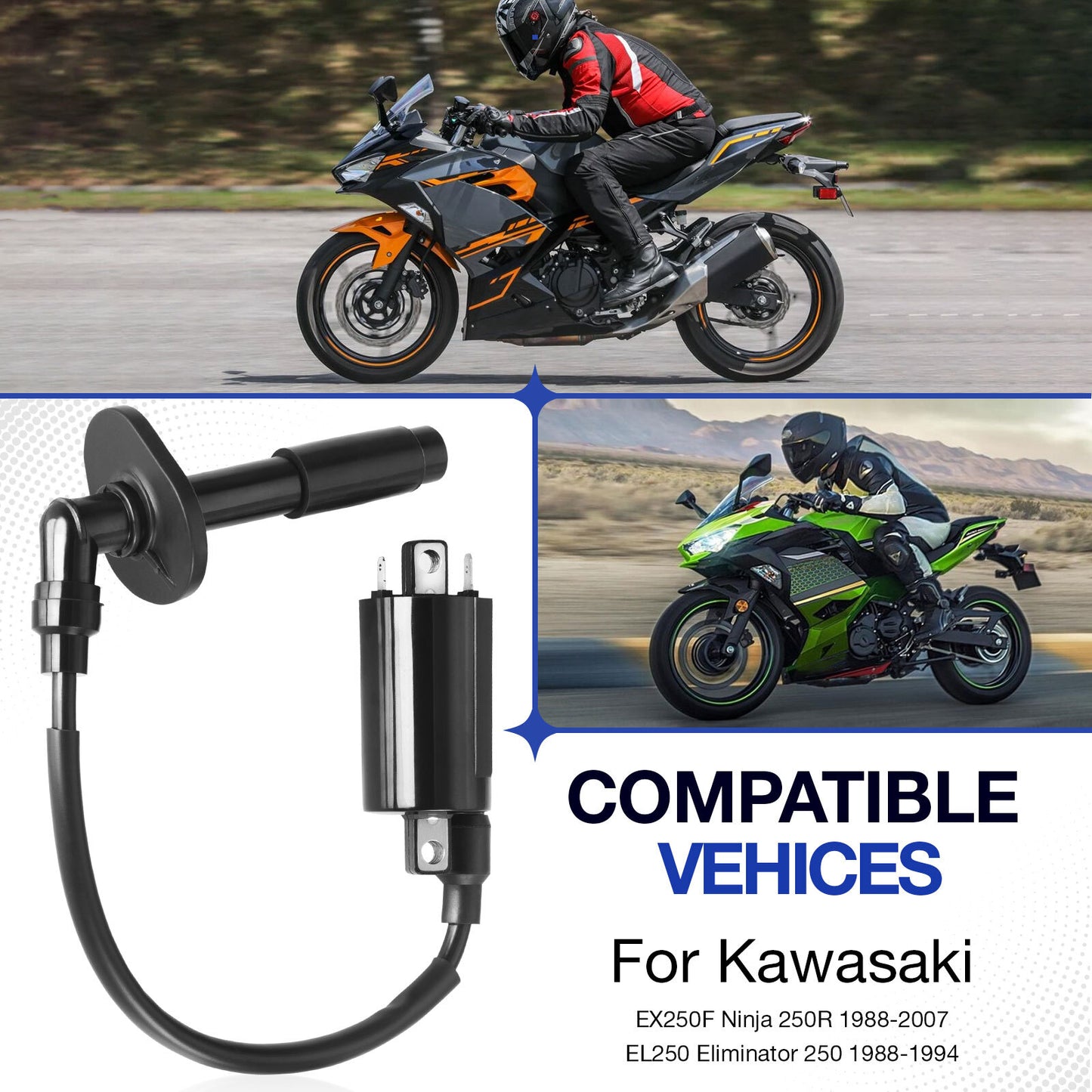 Ignition Coil & Spark Plug Cap for Kawasaki Ninja 250R (1988–2007)