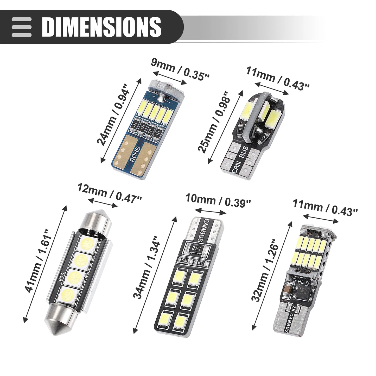 Set of 1 LED Dome Kit Interior Lights for Car (T10 24/25/32/34/41mm)