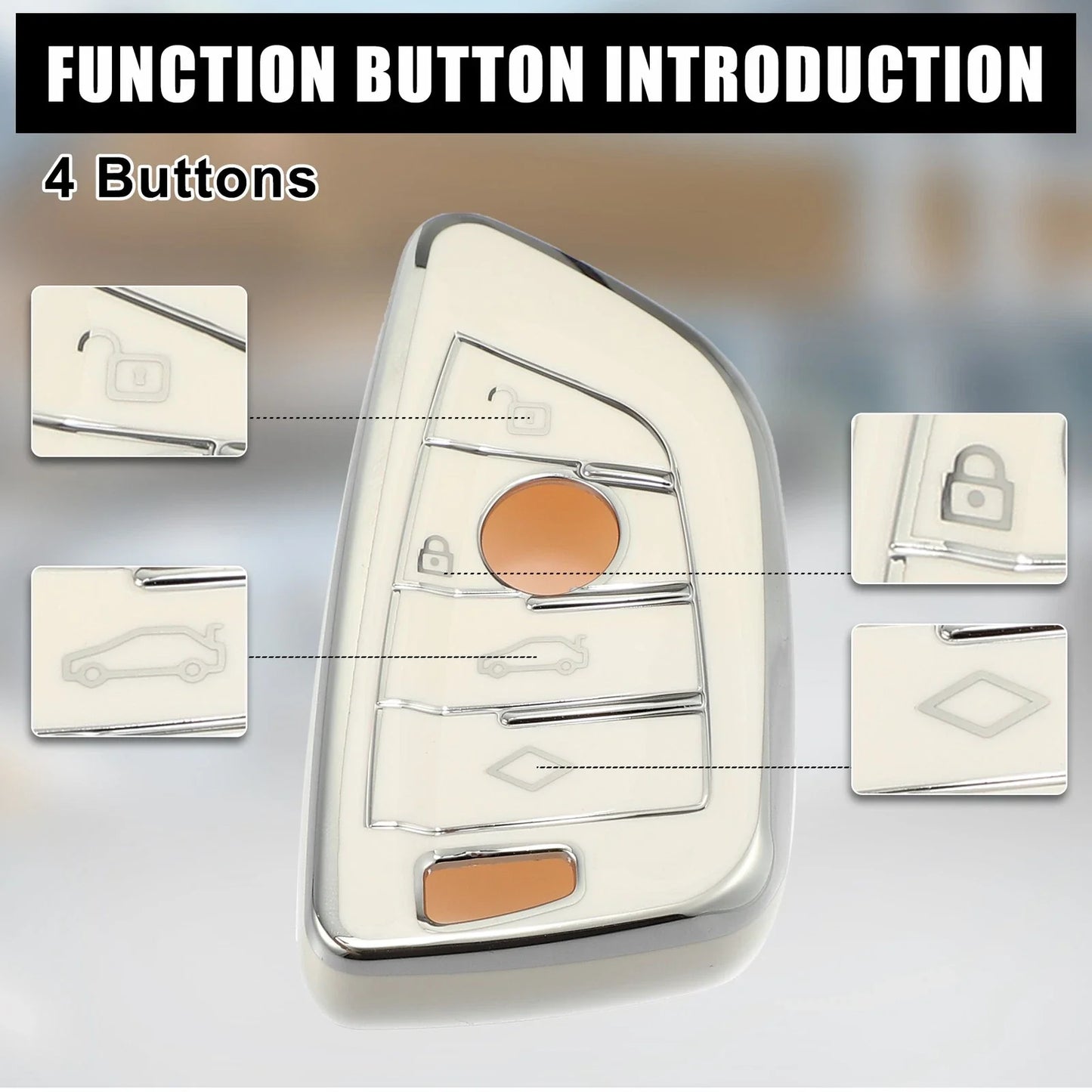 4-Button Key Fob Case for BMW Keyless Entry with Chain White