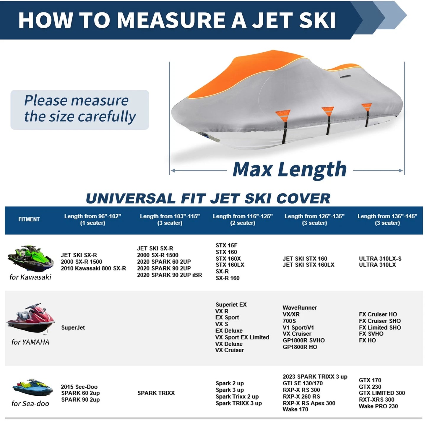 3-Seater PWC Cover for Kawasaki Jet Ski (126"-135") Waterproof