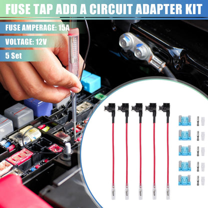 Set of 5 Car Fuse Tap and Circuit Adapters with 15A Mini Blade Fuses