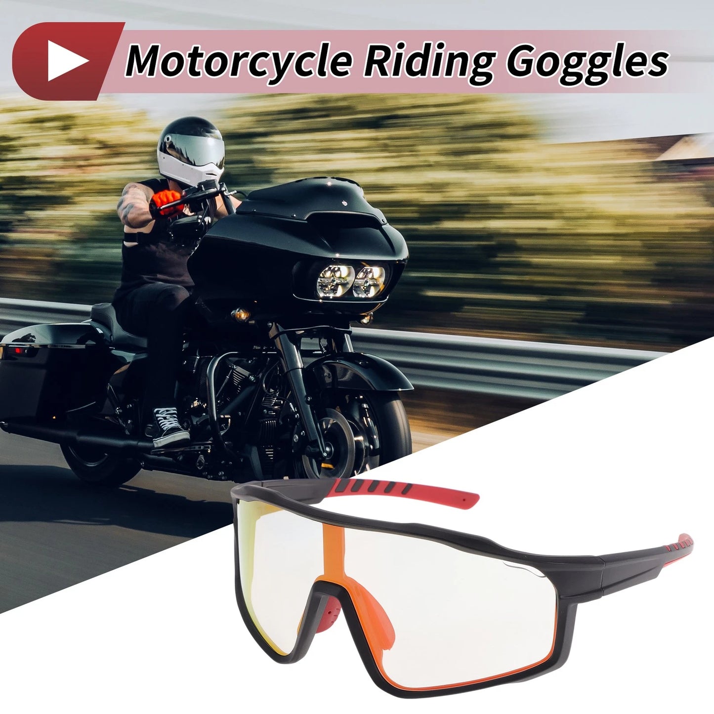 Motorcycle Riding Goggles for Various Models (Light Red Lens, Black Red Frame)