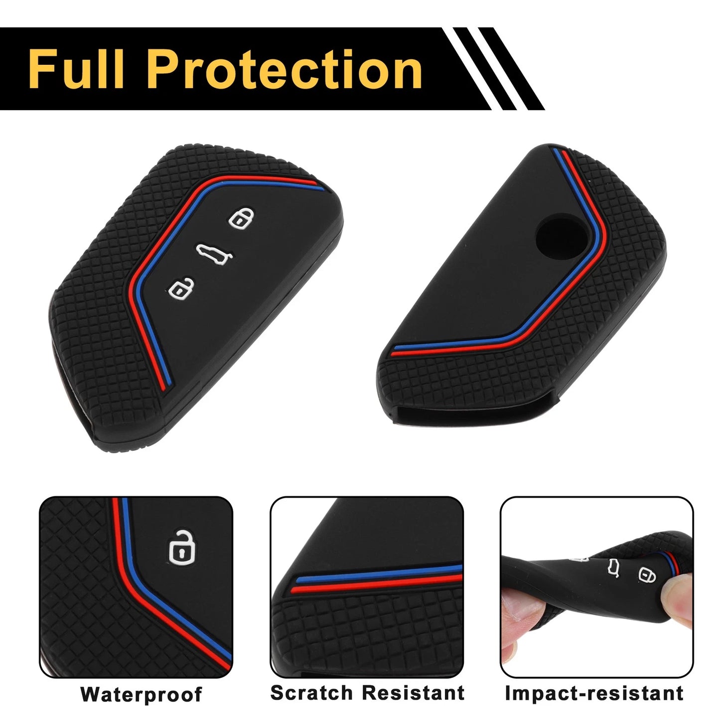 Silicone Car Key Case for VW Golf 8 (2020–Present) - 3 Buttons, Black Red Blue