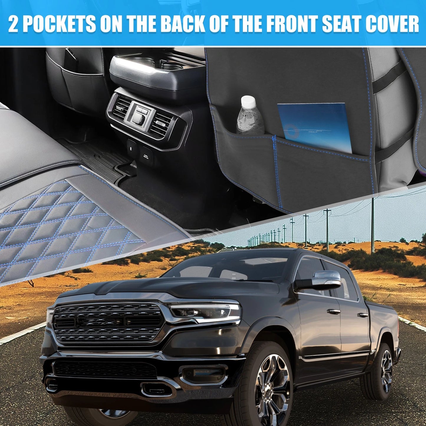 Set of 2 Front Seat Covers for Dodge Ram (2009–2023) Black Blue