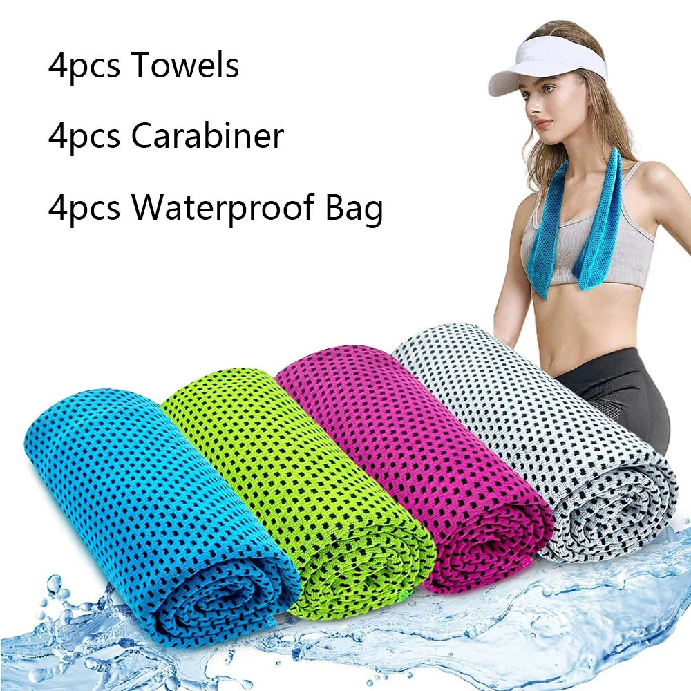4 x Cooling Towels with Waterproof Bag & Carabiner for Running Yoga Climb