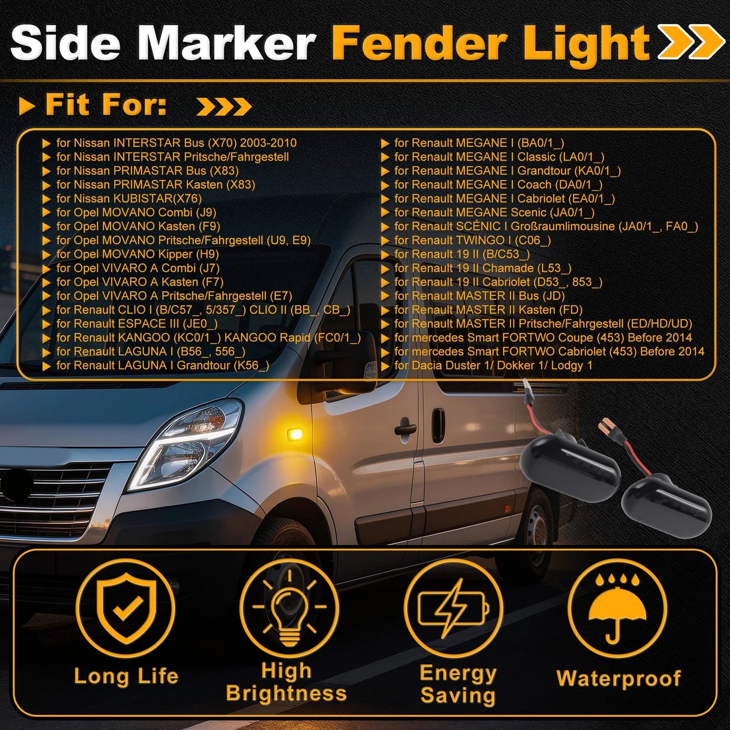 Side Marker Fender Light for Nissan Interstar Bus (2003–2010) Smoked Lens 1 Pair