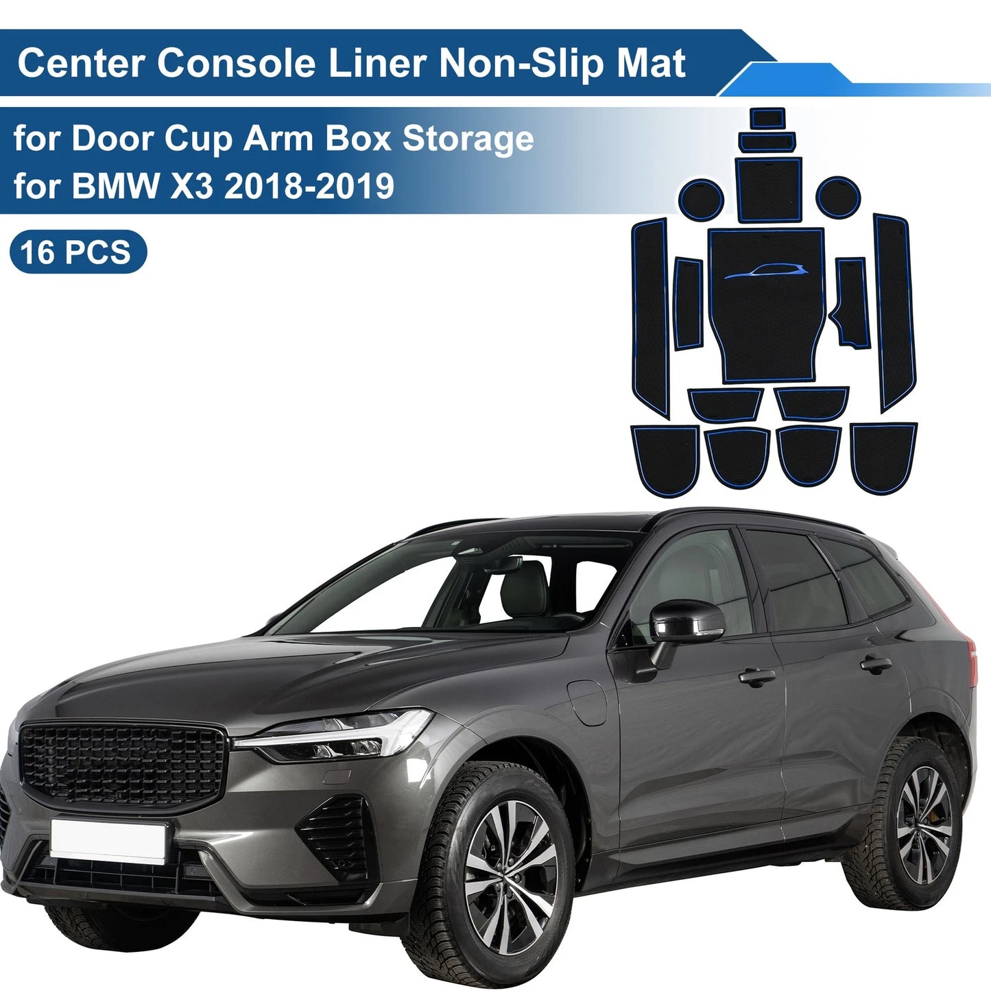 16 Pcs Non-Slip Mat for BMW X3 (2018–2019) PVC Blue