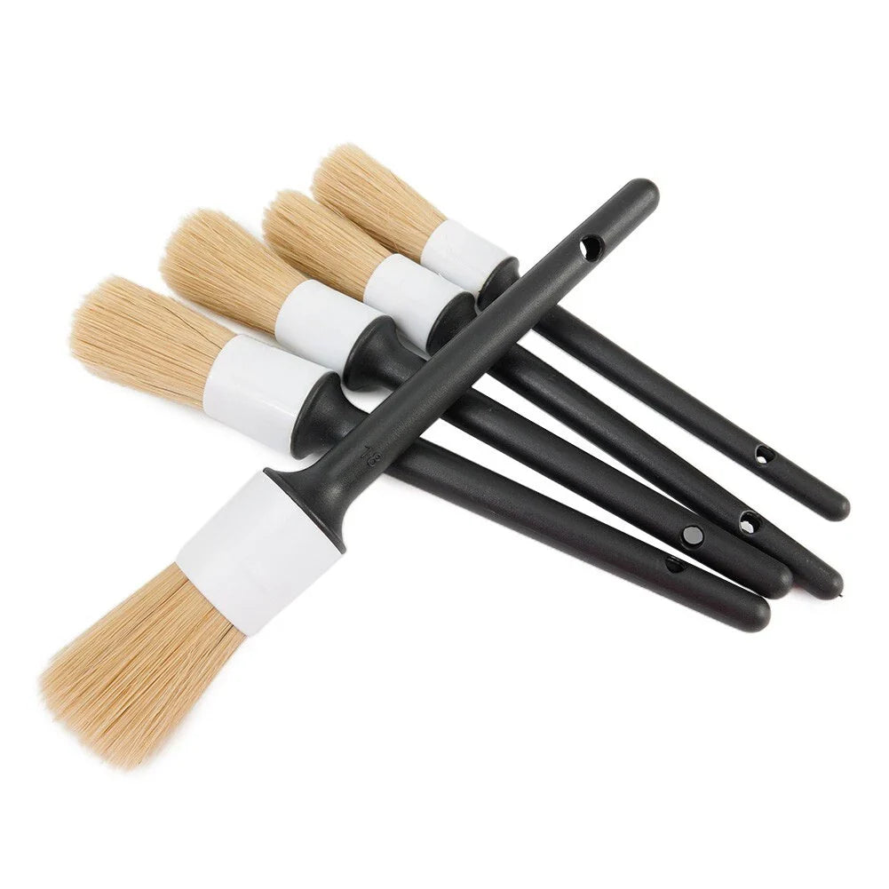 5 x Boar Hair Bristle Detailing Brushes for Car Cleaning Wheels Soft Easy Use