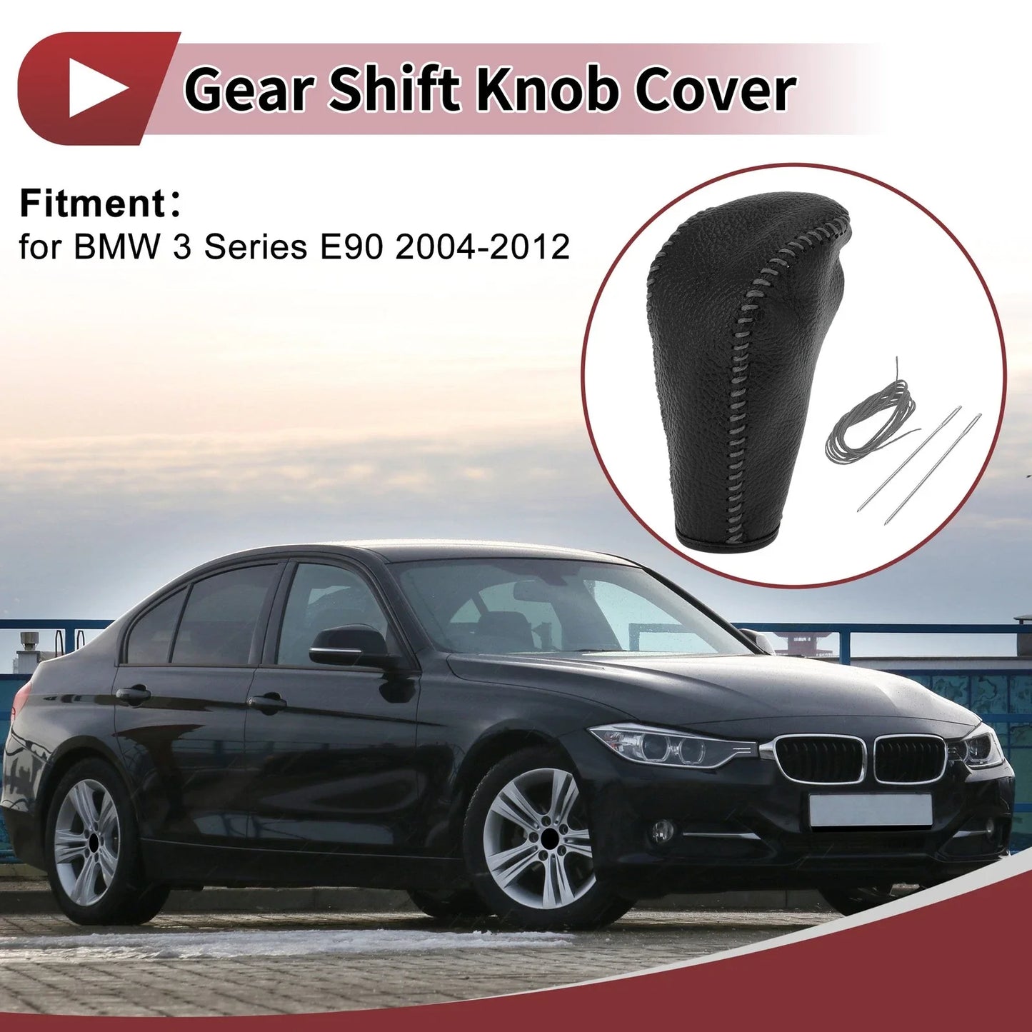 Gear Shift Knob Cover for BMW 3 Series E90 (2004-2012) Faux Leather Black Gray