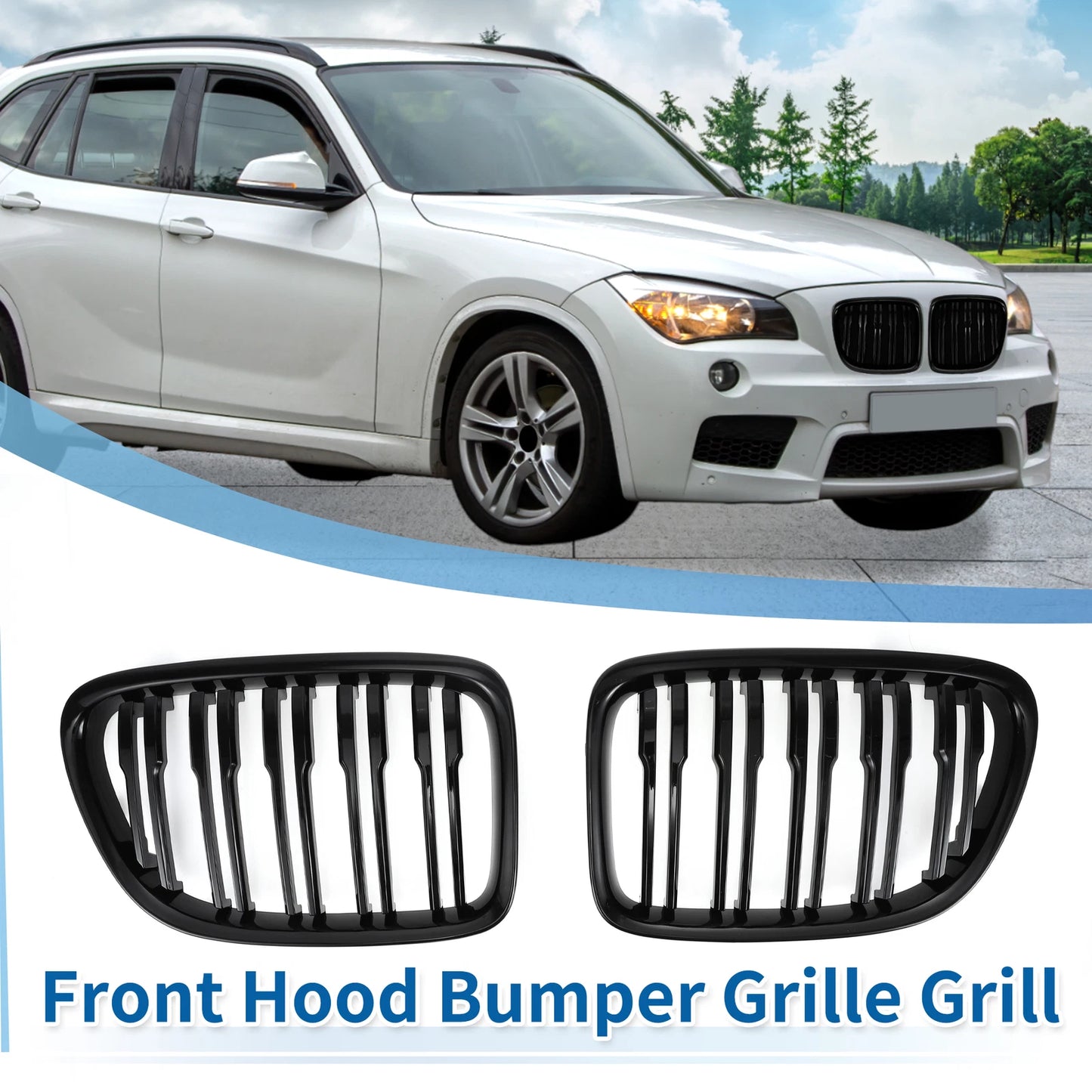 1 Pair Front Upper Bumper Grille for BMW X1 E84 (2009–2015) Gloss Black