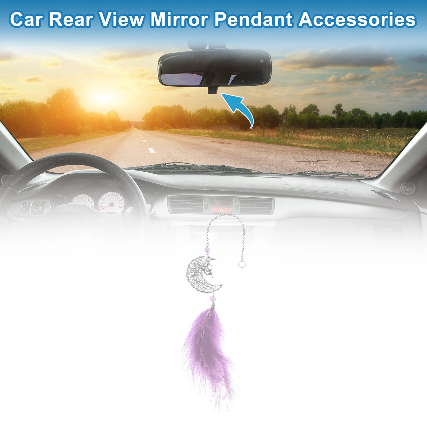 Moon Feather Pendant for Car Rear View Mirror Accessories (Light Purple)