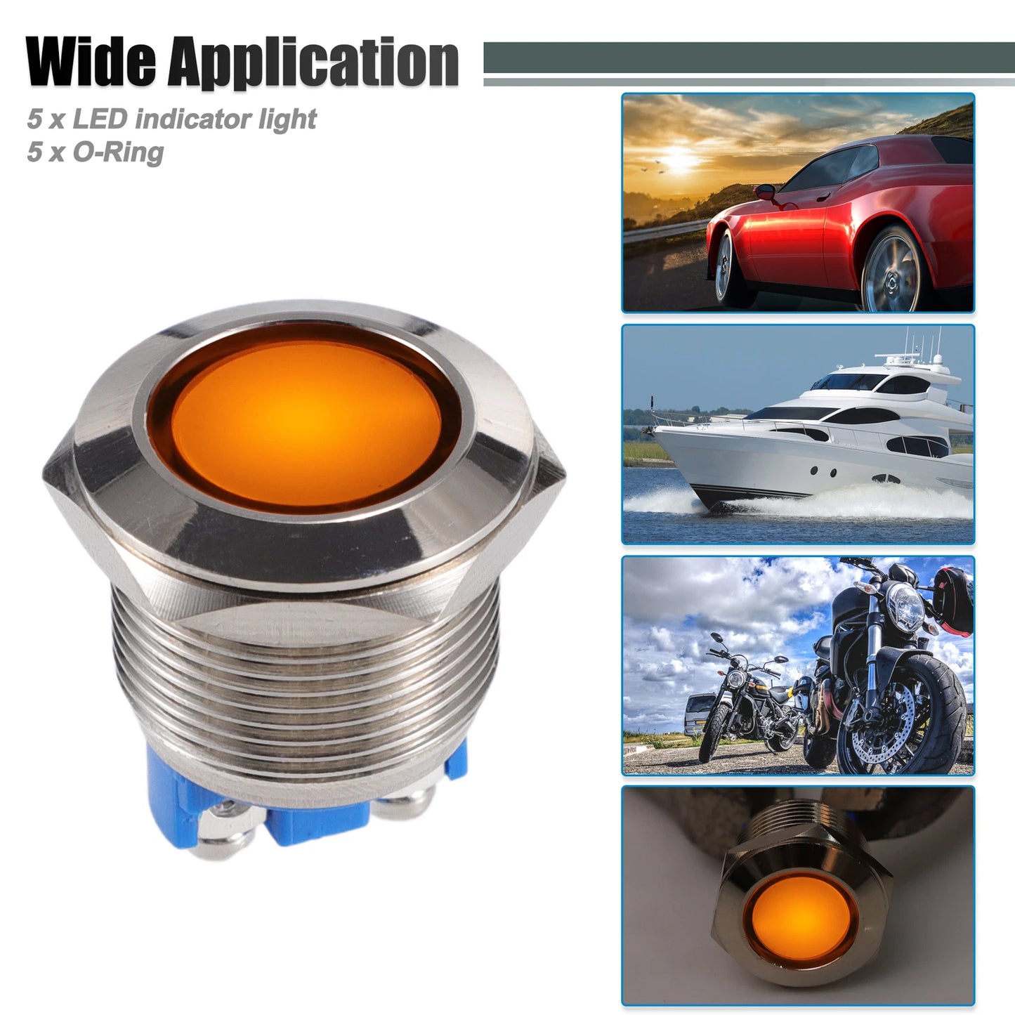 5 Pcs 19mm LED Waterproof Pilot Indicator Light for Universal