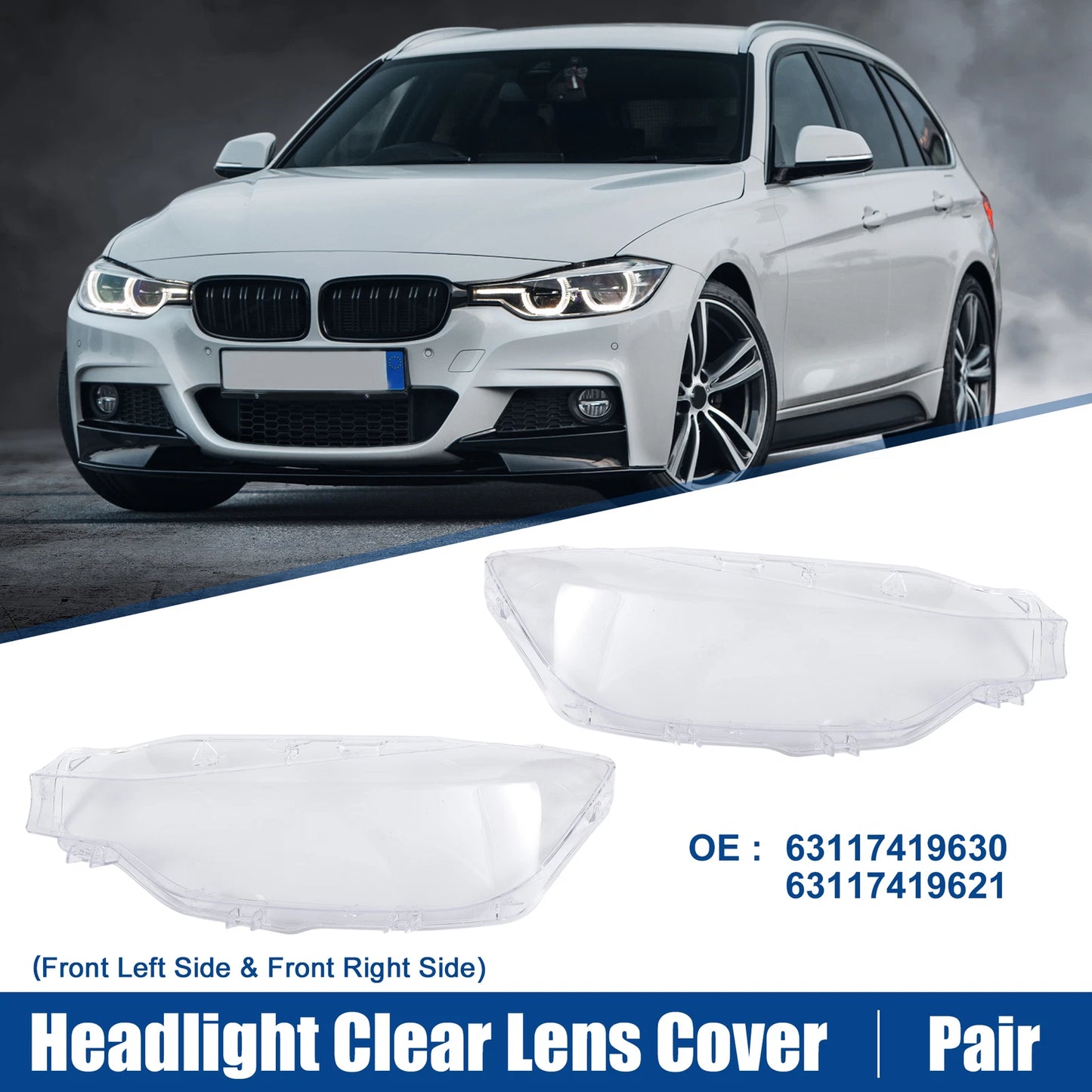 Pair Headlight Clear Lens Cover for BMW 3 Series F30 (2016–2018) No. 63117419630
