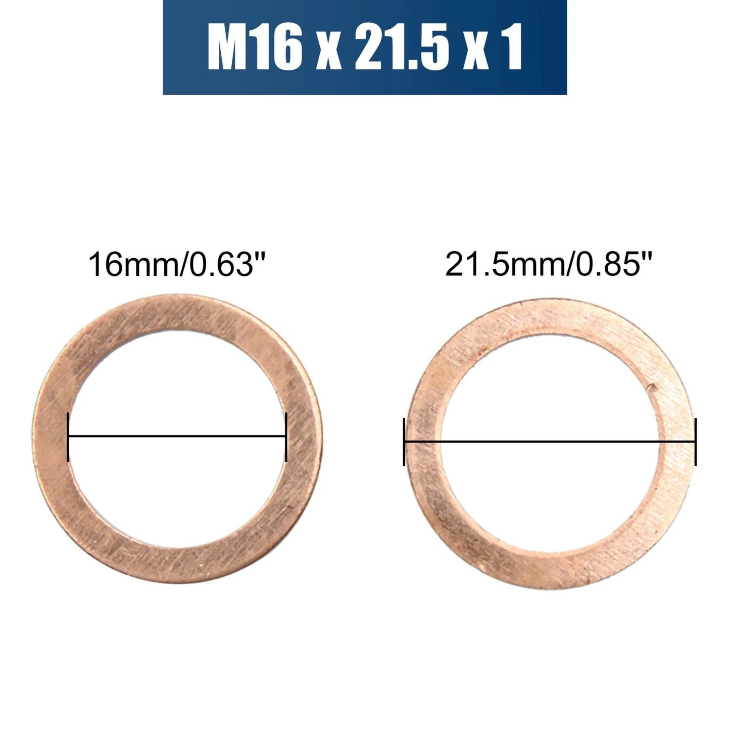 Set of 10 Copper Crush Washers M16 x 21.5mm x 1mm Sealing Gaskets