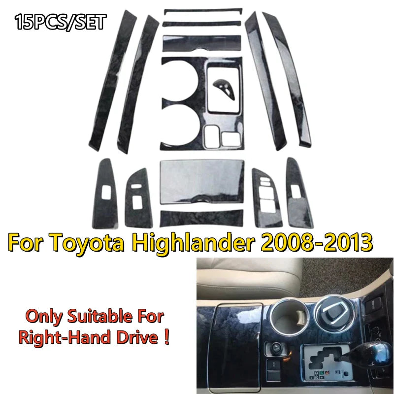 15Pcs Wood Black Console Shift Panel Trim Cover for Toyota Highlander (08–13)