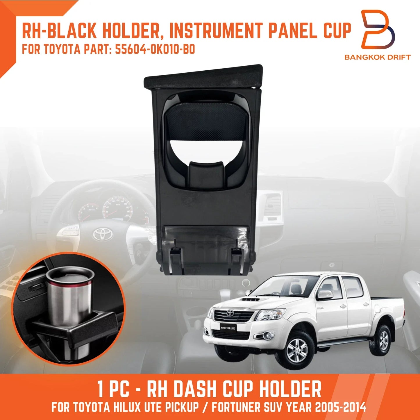 Black Right Dash Cup Holder for Toyota Hilux Ute Vigo MK6 MK7 Fortuner (05-15)