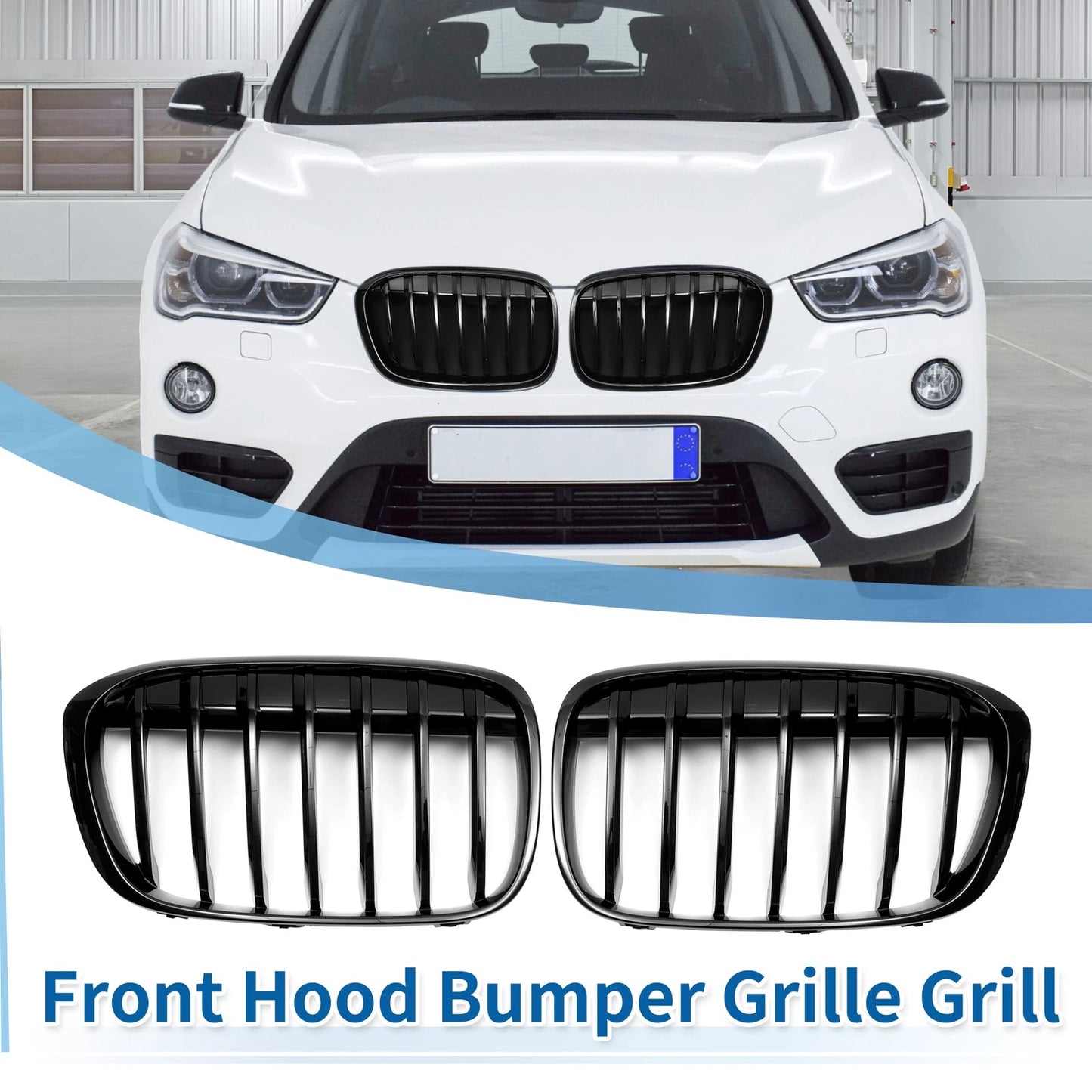 1 Pair Front Upper Bumper Grille for BMW X1 F48 (2016–2022) Gloss Black