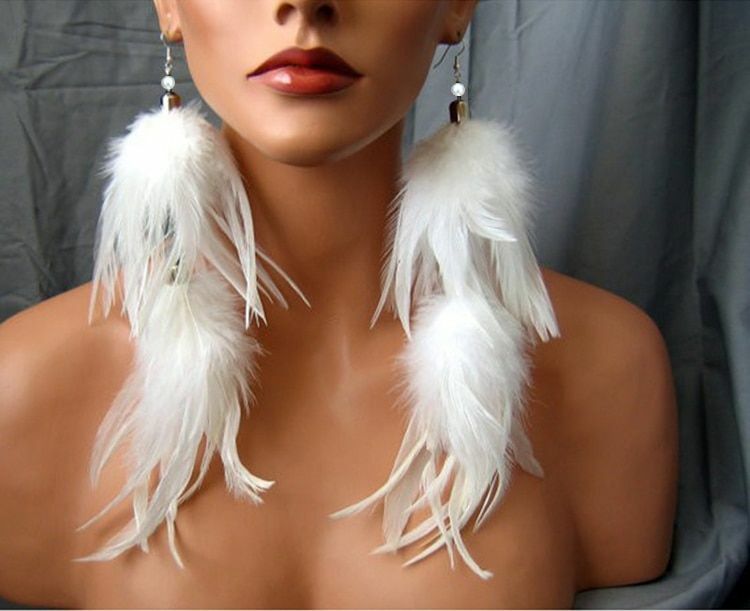 Feather Dangle Earrings for Women - White Long Hook Jewelry