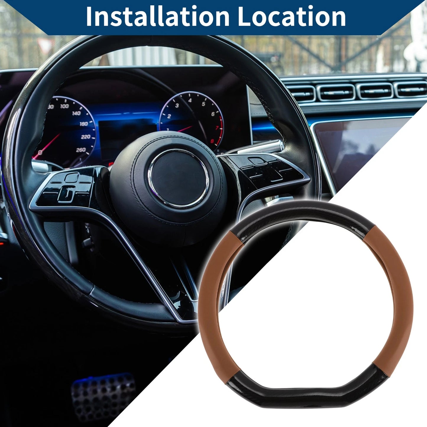 Steering Wheel Cover   - Artificial Leather 14.96" Black Light Brown