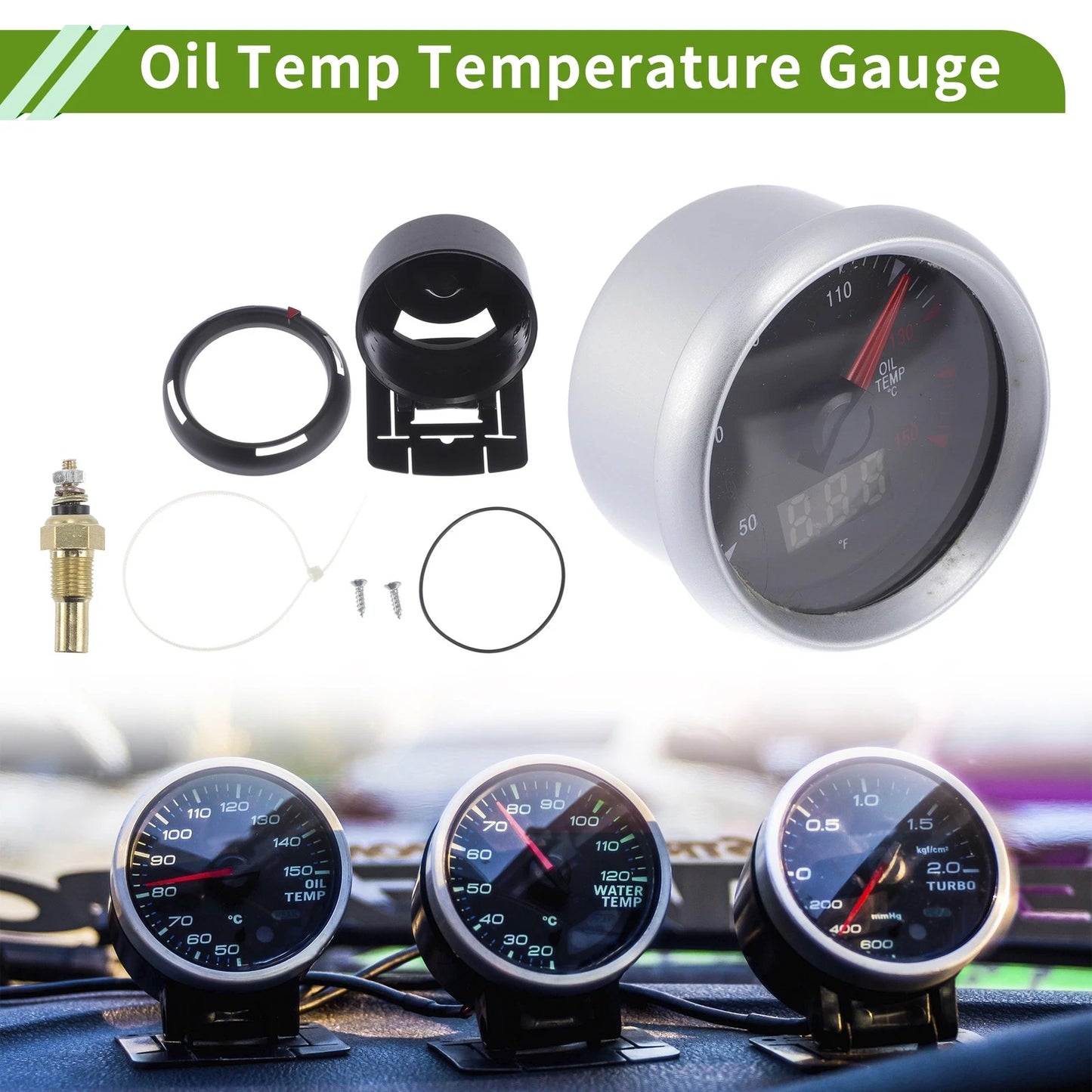 2" Oil Temp Gauge Meter Kit for Universal Vehicles (LED, Digital, Silver Tone)