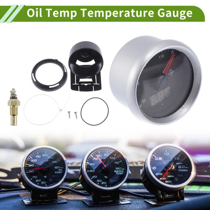 2" Oil Temp Gauge Meter Kit for Universal Vehicles (LED, Digital, Silver Tone)