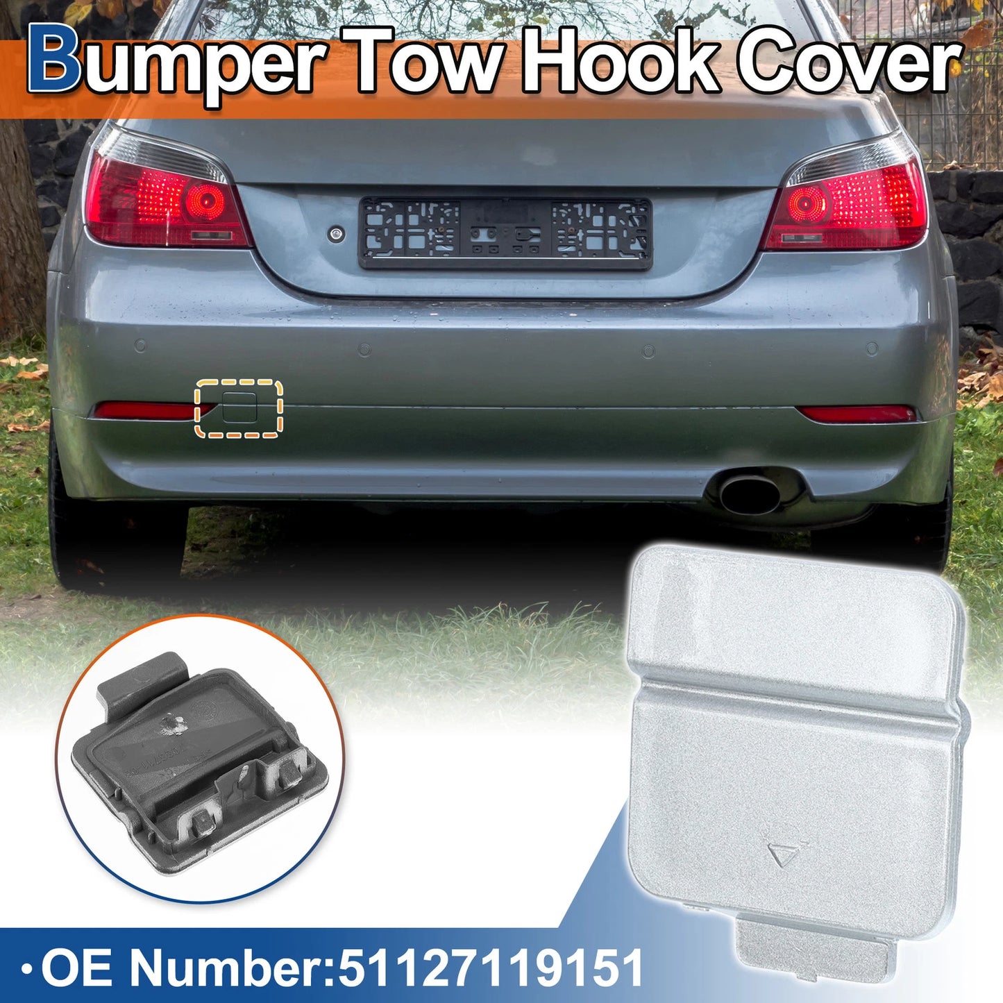 Rear Car Bumper Tow Hook Cover for BMW 525i 530i (2001–2007) No. 51127119151 Silver Tone
