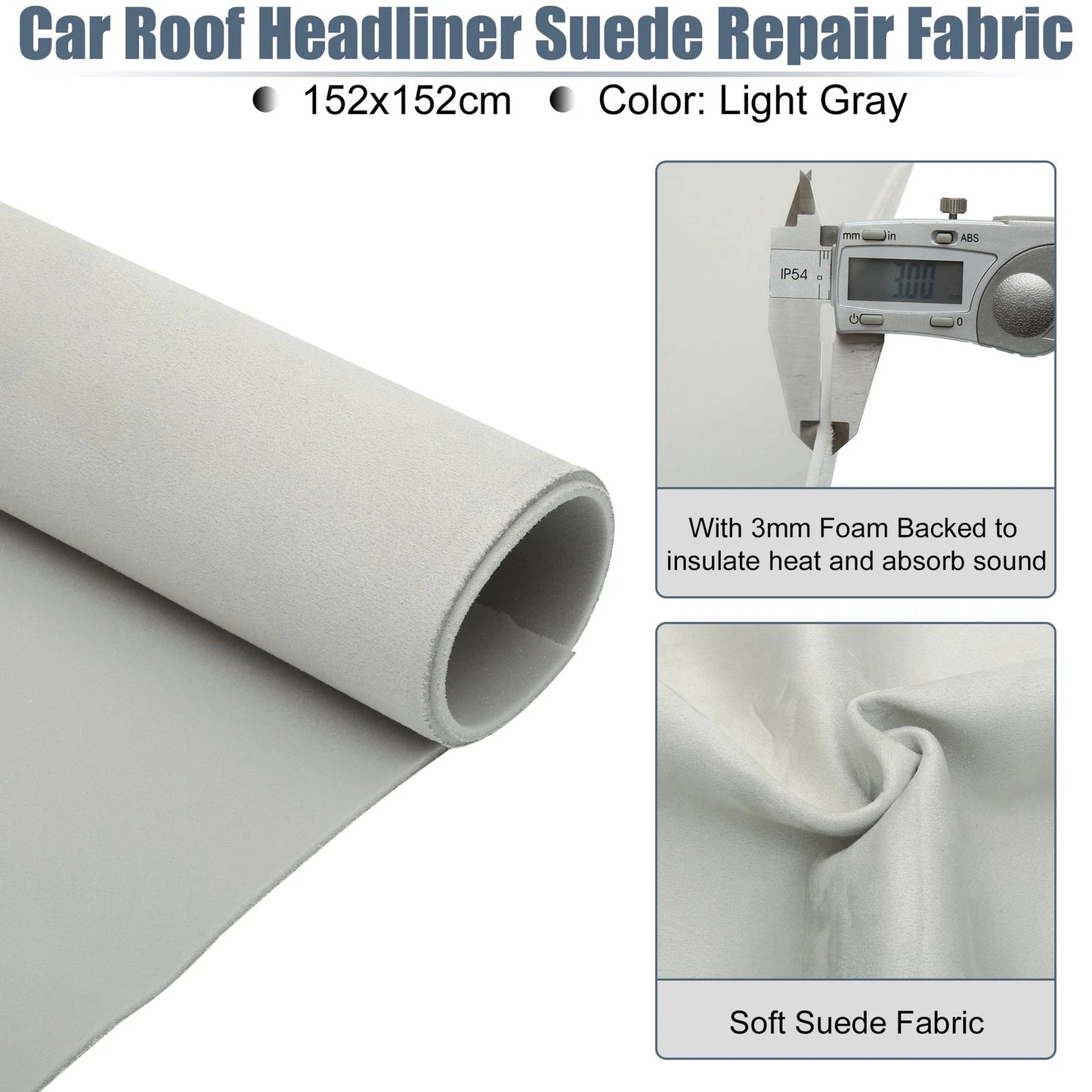 Suede Headliner Fabric 60" x 60" Foam Backed for Car RV (DIY Repair) Light Gray