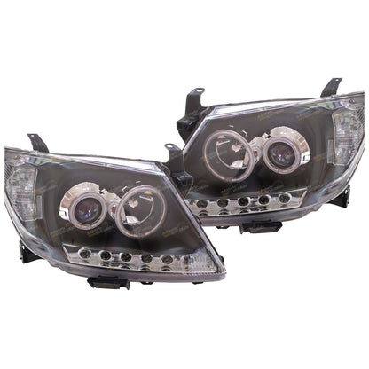 2X LED Black Projector Headlights for Toyota Hilux (2005–2011) Angel Eye DRL