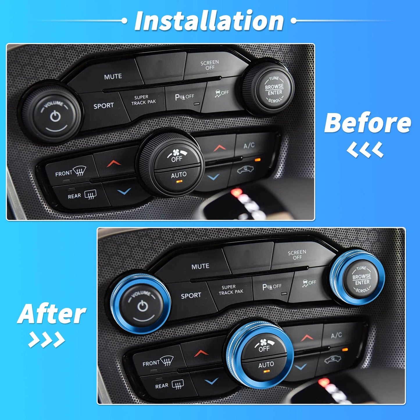 3 pcs Control Switch Knob Button Cover Trim Ring for Dodge Charger (2011–2023) Blue