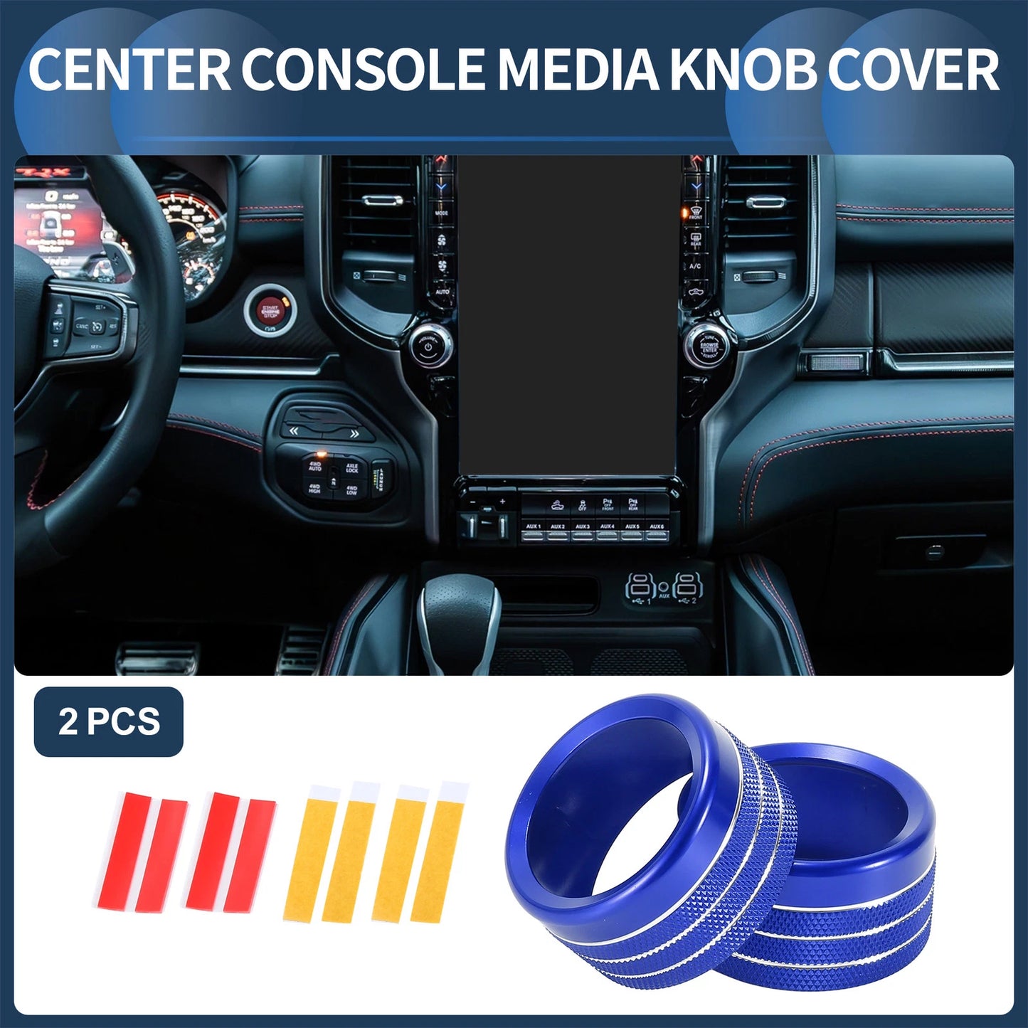 2X Center Console Audio Media Switch Knob Cover for Dodge Ram (2019–2021) Blue