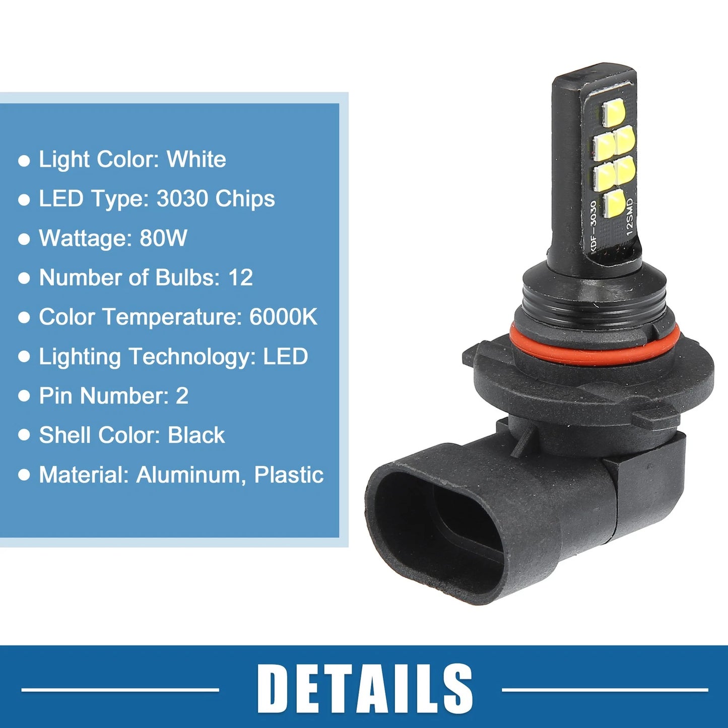 Set of 2 9006 LED Fog Light Bulbs 80W 3030 Chips for Auto