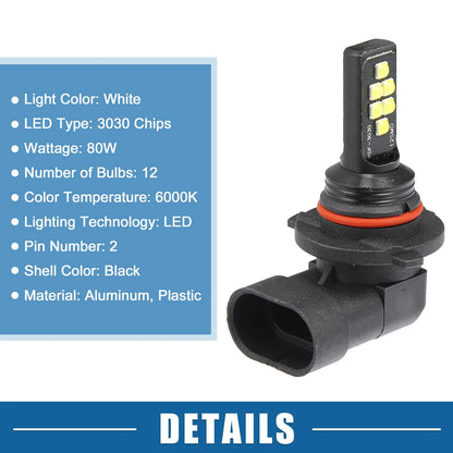 Set of 2 9006 LED Fog Light Bulbs 80W 3030 Chips for Auto
