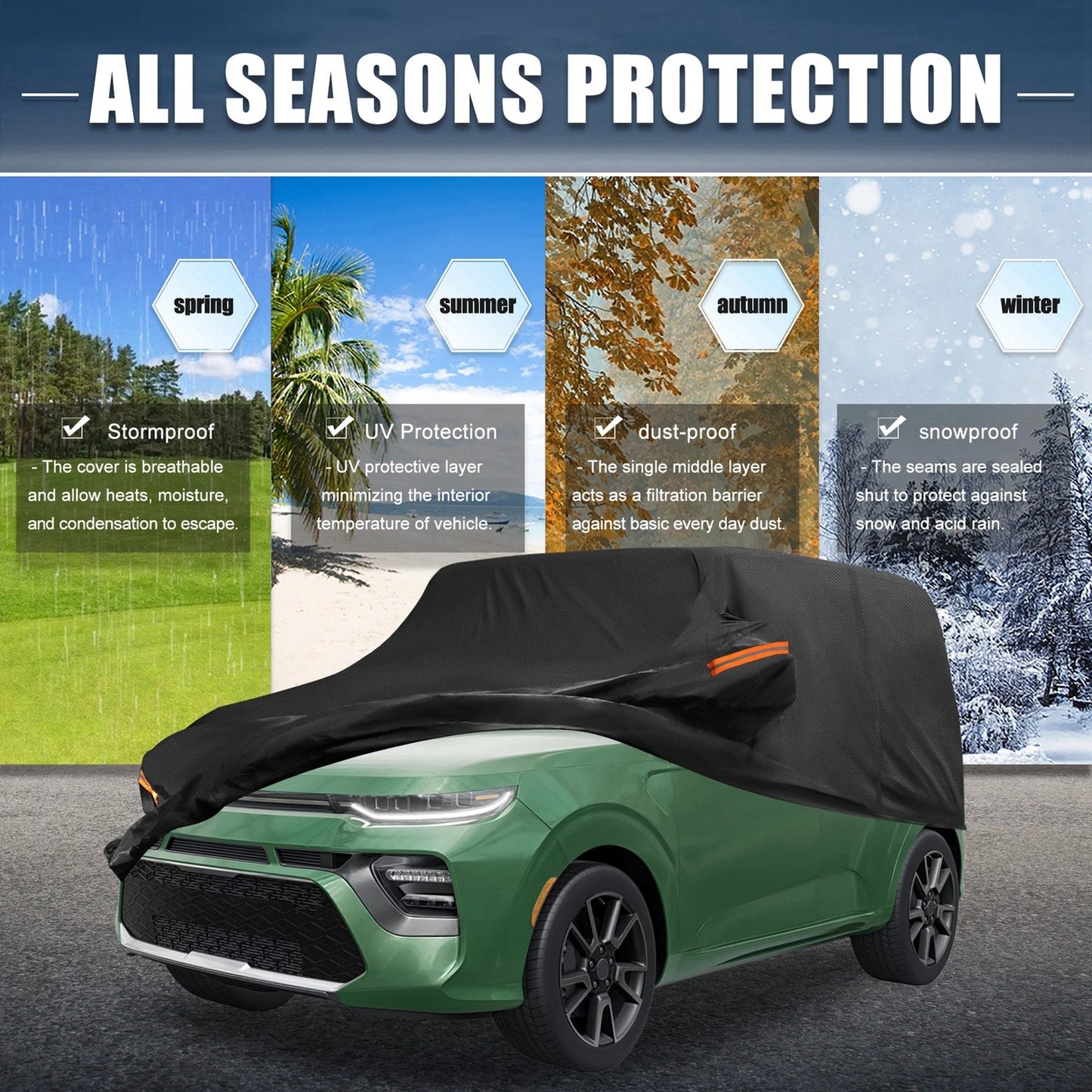 Waterproof Car Cover for Kia Soul (2009–2024) 210D-PU Oxford, Zipper, Black