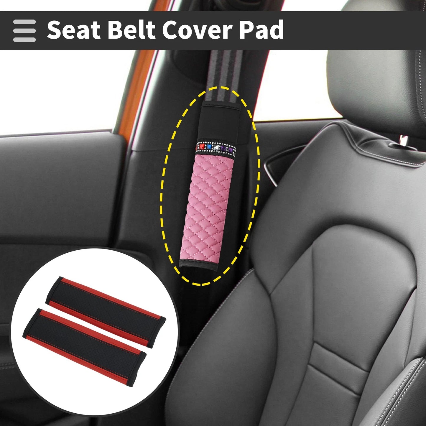 Set of 2 Black Red Faux Leather Seat Belt Cover Pads for Universal Fit