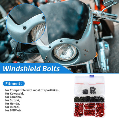 Windshield Bolts Set of 4 for Kawasaki Yamaha Suzuki (Stainless Steel Rubber Red)