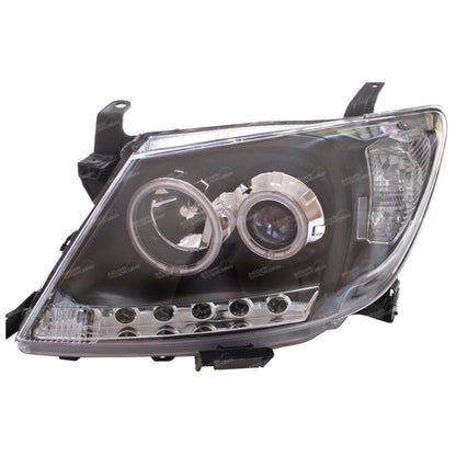 2X LED Black Projector Headlights for Toyota Hilux (2005–2011) Angel Eye DRL