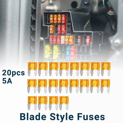 Set of 20 Mini Blade Fuses 5A for Universal Use (Short Circuit Protection)