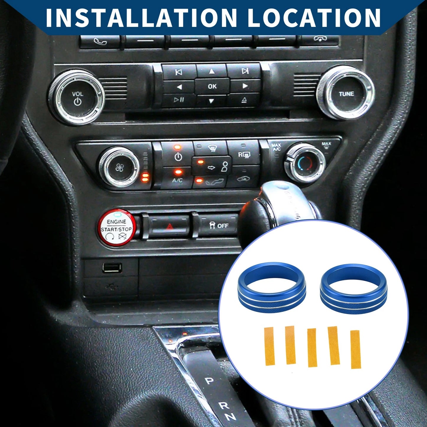 Set of 2 Media Radio Audio Tune Switch Knob Covers for Ford Mustang (2015–2021) Blue