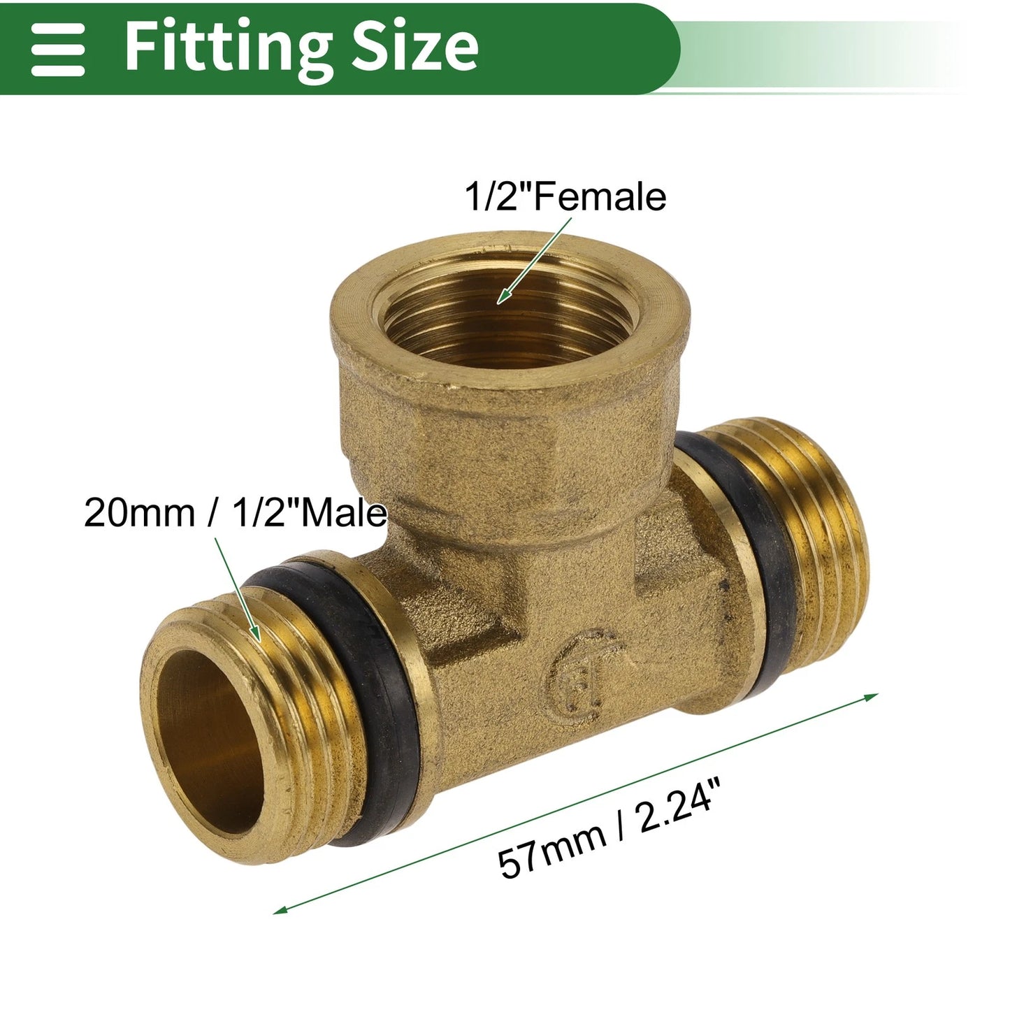Set of 2 Brass Pipe Fittings 1/2" Male x 1/2" Female Tee with Gasket