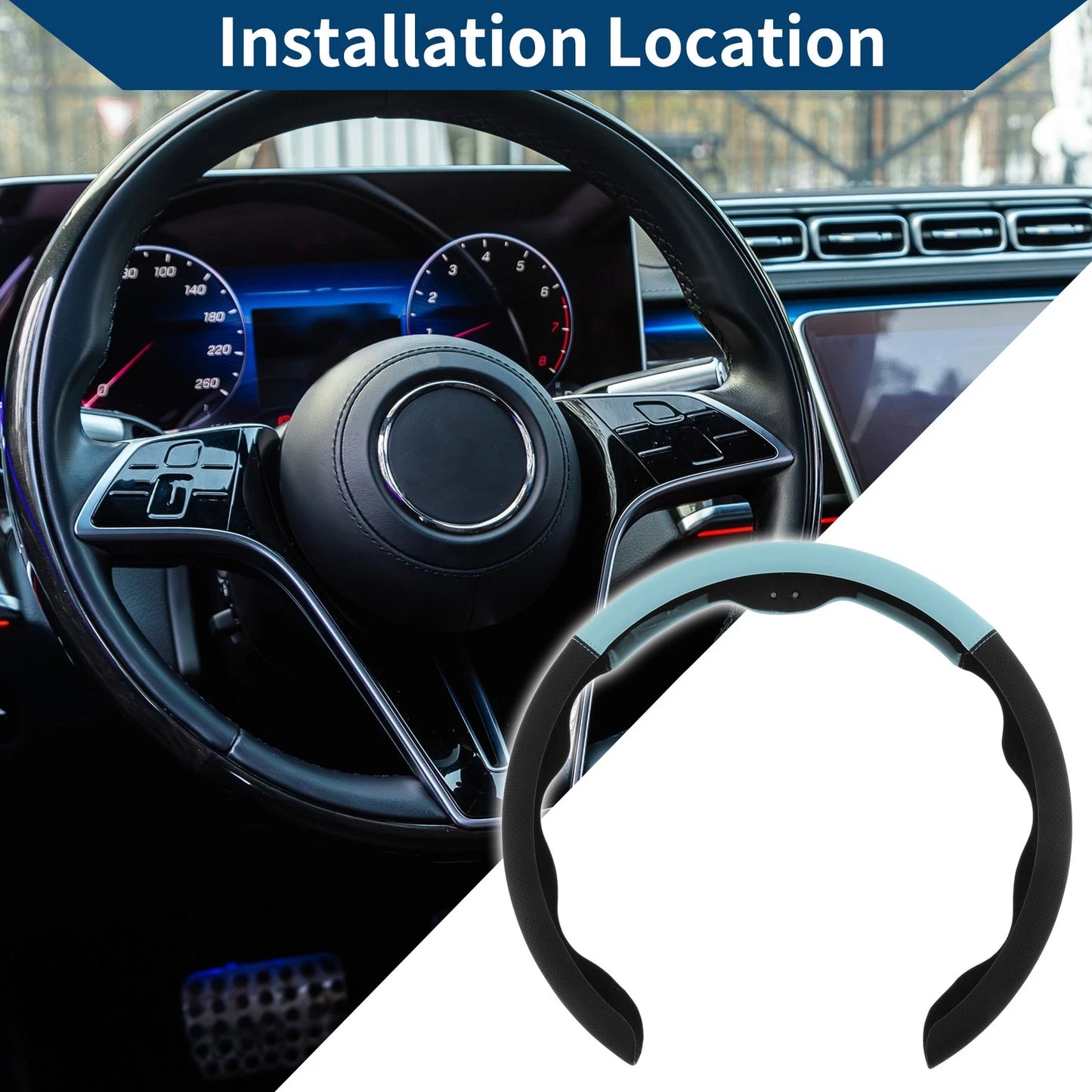 Steering Wheel Cover   - 14.96" Black Light Sky Blue