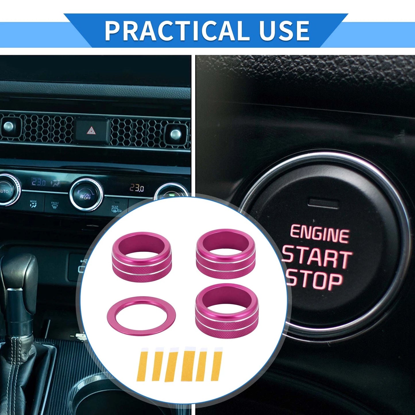 Set of 4 AC Engine Start Switch Knob Cover Ring for Honda Civic (2022–2024) Rose Red