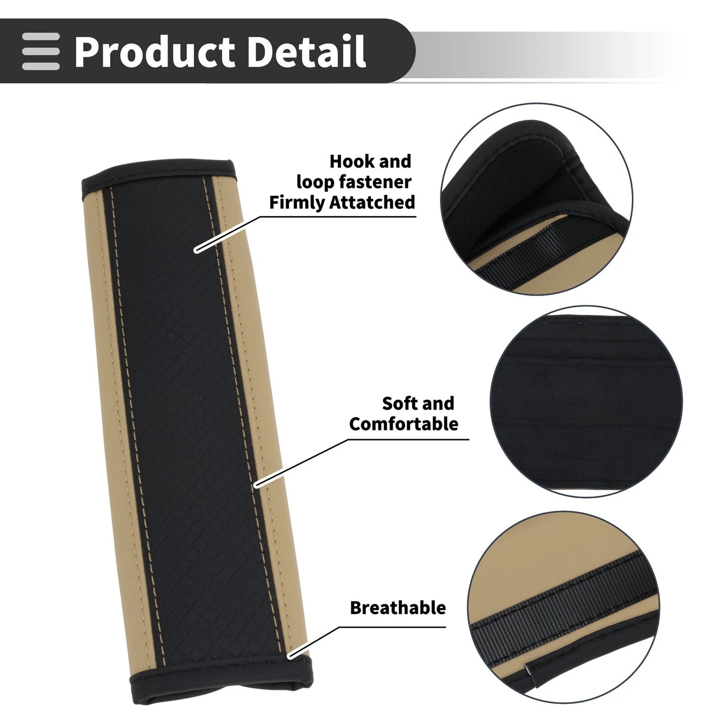Set of 2 Black Beige Faux Leather Seat Belt Cover Pads for Universal Fit