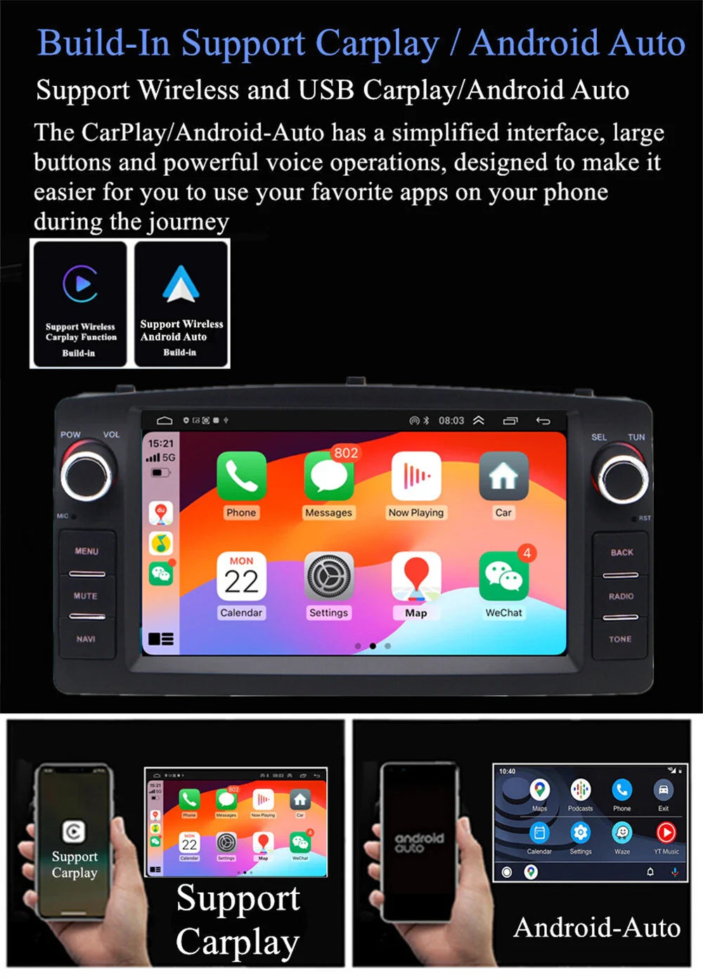 7'' Carplay Stereo Radio GPS Navigation for Toyota Corolla (2003-2008)